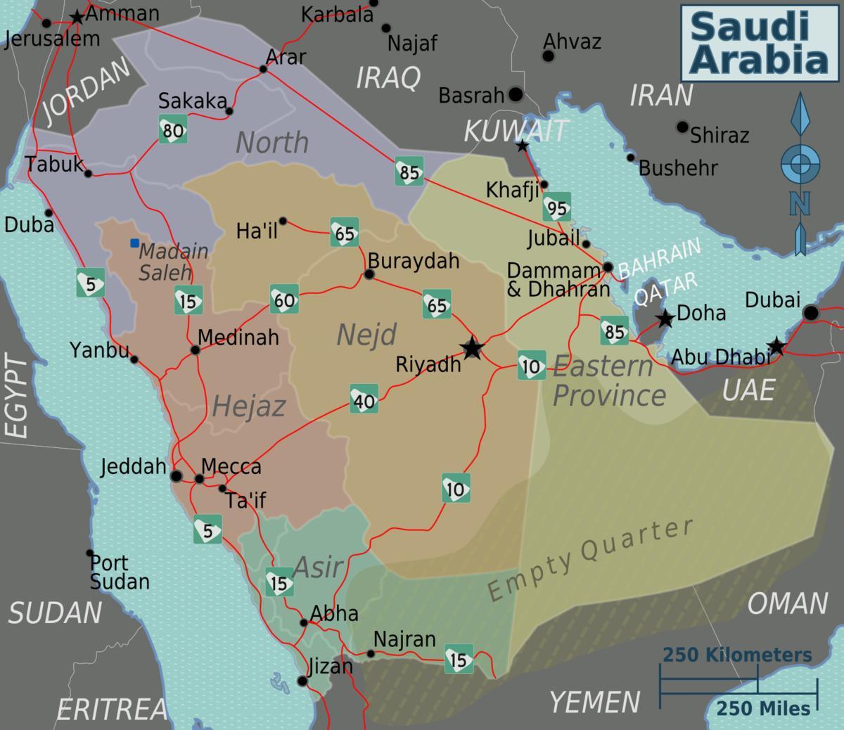 Karta över Saudiarabien med städer avstånd