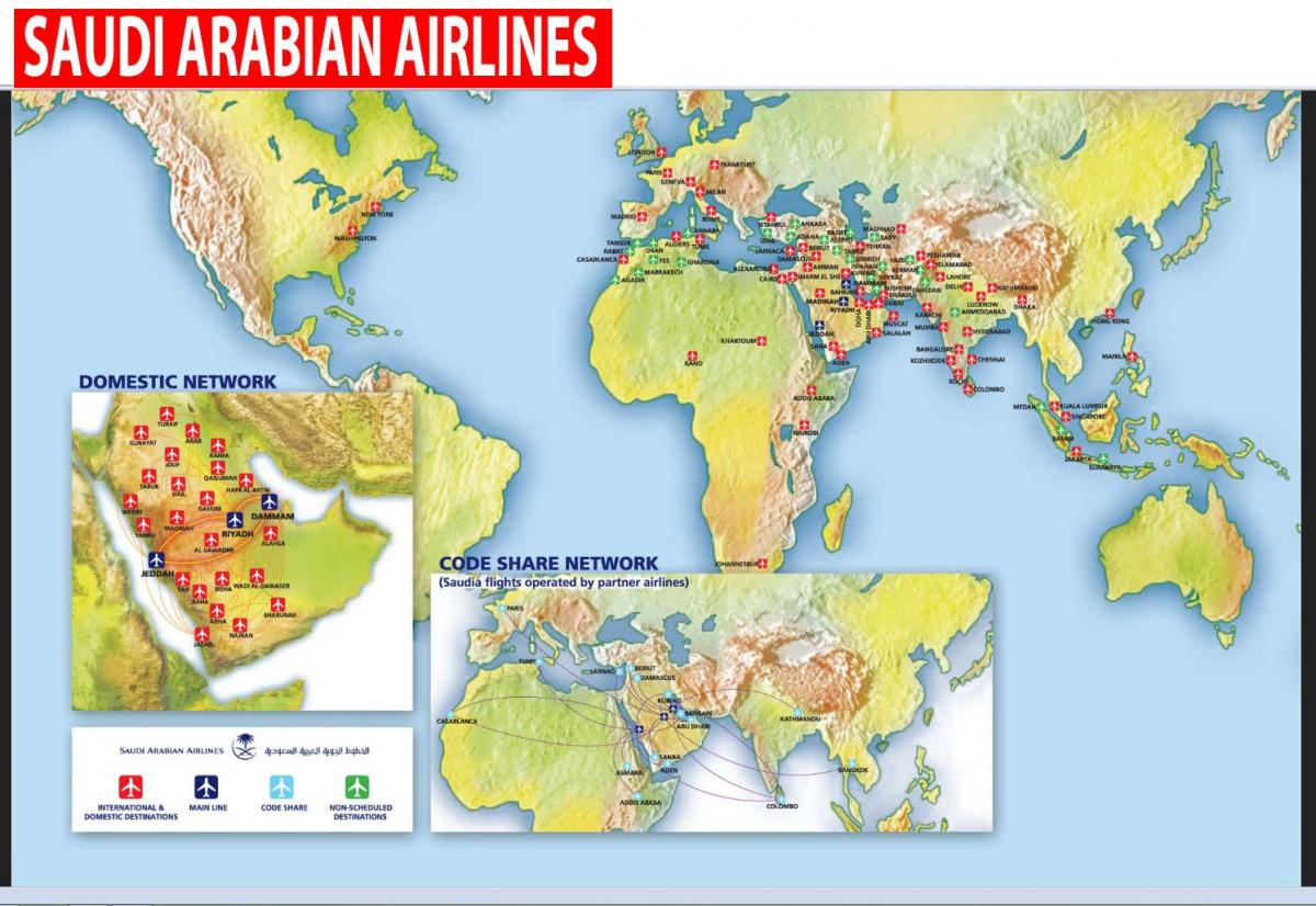 Karta över Saudi Arabian airlines rutt