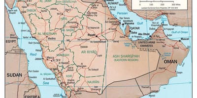 Karta över Saudiarabien med städer av vägen